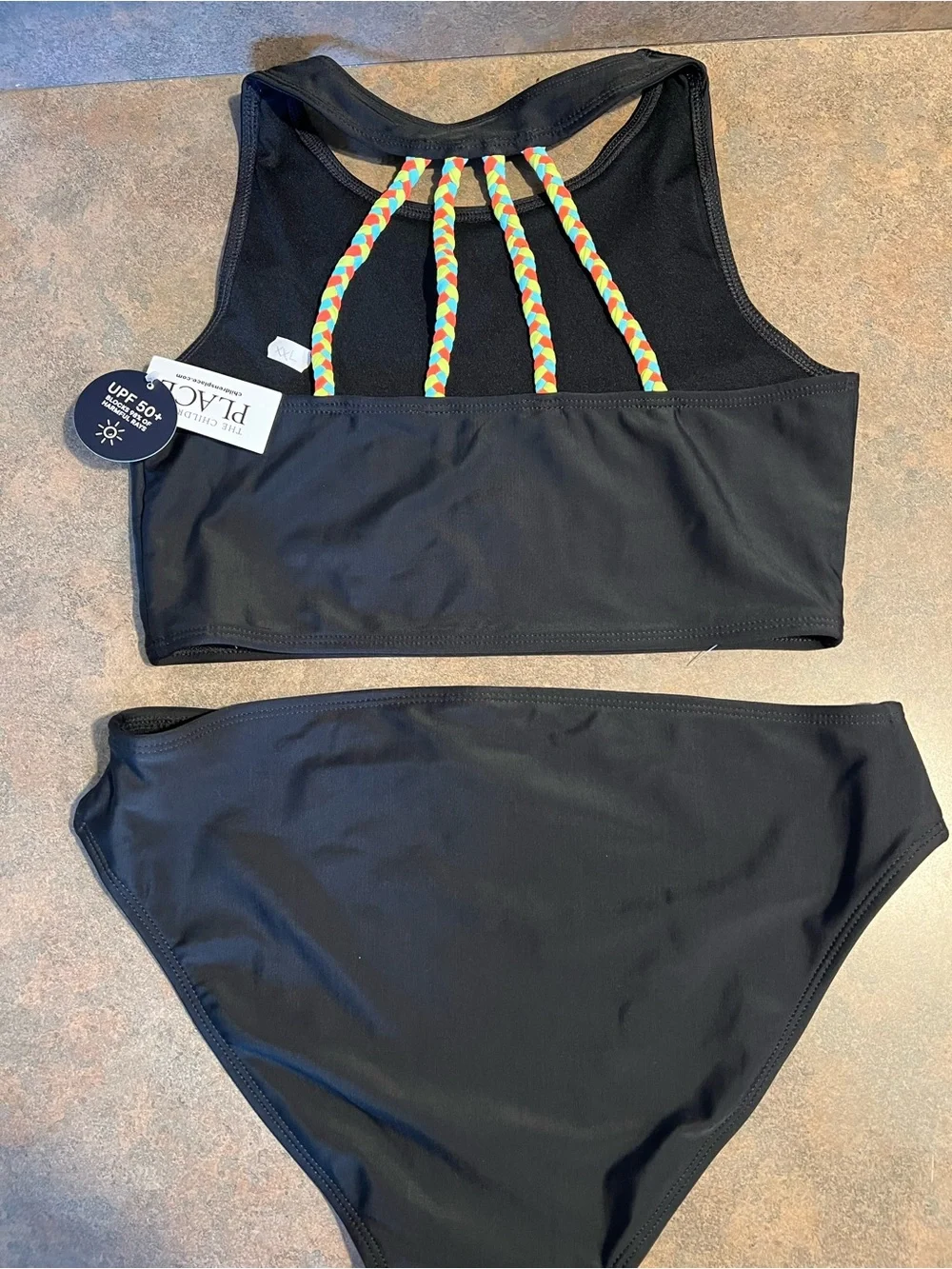 Black High-Neck Two-Piece Bikini Set with multicolor straps, size Girls 16, BNWT